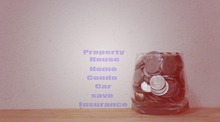 Money in the glass , financial concept , Vintage tone soft focus old walls background