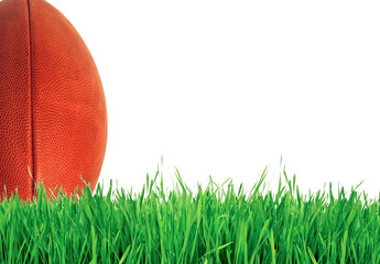 American football (rugby ball) on green grass over white, close