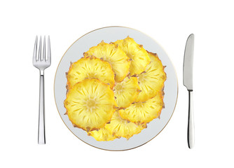 sweet slices of pineapple fruit on white plate, spoon and fork i
