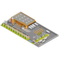 Warehouse Industrial area with seating for loading and unloading, shipping and delivery, transportation and building. Isolated vector 3D isometric concept