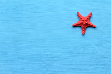 Fototapeta na wymiar Starfish on rustic turquoise blue wooden background with copyspace for text