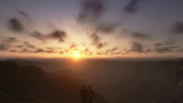 Couple on top of the mountain, timelapse sunrise, tilt