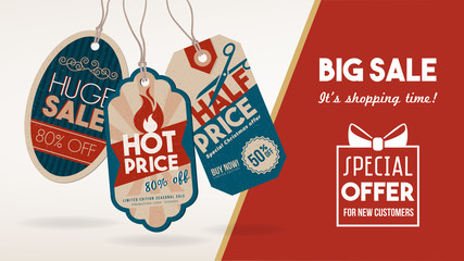 Discount banner with tags - obrazy, fototapety, plakaty