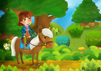 Cartoon forest scene with prince and his horse - illustration for the children