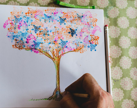 Man drawing an illustration of a magical tree