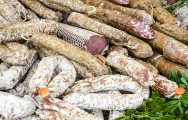 Typical Sardinian food. .Dried sausages like salami, cured meats