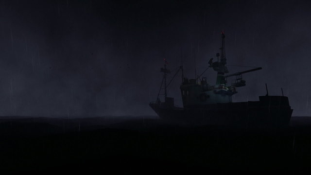 Fishing boat, ocean storm with lightnings