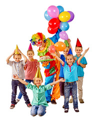 Obraz na płótnie Canvas Clown holding cake and balloons on birthday with group children.