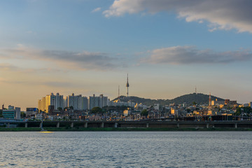 Sunset of Han river and Seoul Tower in Seoul,South Korea