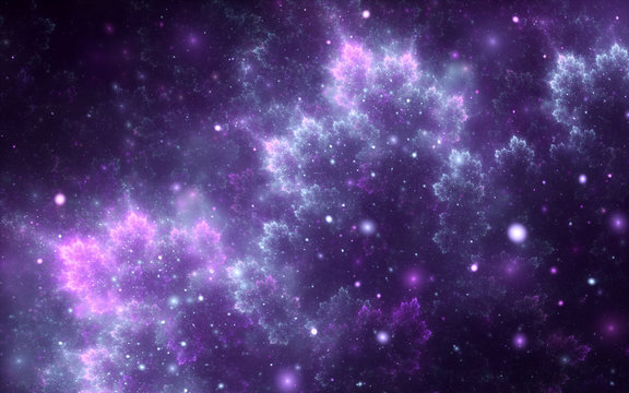 Abstract fractal, decorative sparkling violet cosmic clouds with soft blur on dark background