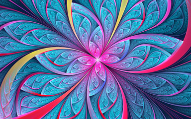 Abstract fractal background, vivid cyan mosaic ornamental pattern with curved yellow and red stripes