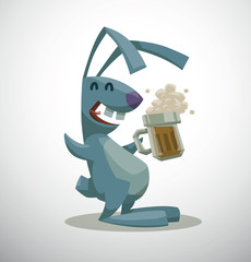 Fototapeta premium Vector Rabbit with a mug of beer. Cartoon image of cheerful light blue rabbit with a mug of beer in his paw on a light background.