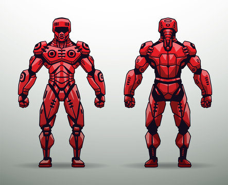 Vector Red Cyborg soldier. Image of cyborg soldier in red protective suit on a light background. Front and rear views.