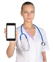 Female doctor with blank phone holding hand, isolated on white background