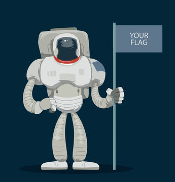 Vector Astronaut in a spacesuit with flag. Cartoon image of an astronaut in a white spacesuit with a flag in his hand on a dark blue background.