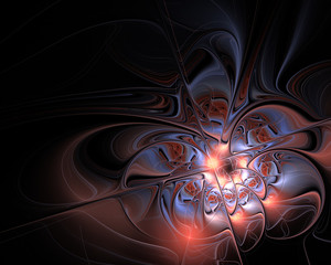 Abstract fractal design. Blue and pink flower on black.