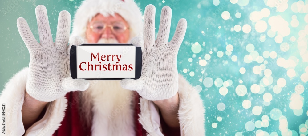 Poster composite image of santa records himself with a smartphone