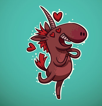 Vector Unicorn in Love. Cartoon image of a funny pink unicorn in love on a turquoise background.
