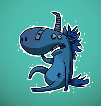 Vector Unicorn with hangover. Cartoon image of a funny blue unicorn with hangover on a turquoise background.