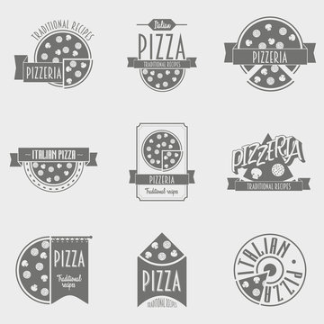 Vector illustration Pizza Logo set. Black and white Pizzeria label or Logo concepts for the Italian restaurant and cafe.