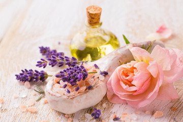 Spa still life with lavender and rose flower - obrazy, fototapety, plakaty