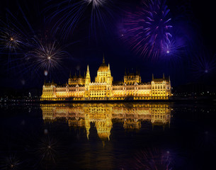Fototapeta na wymiar Fireworks and Hungarian parliament, Budapest