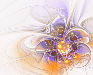 Abstract fractal design. Golden lights on violet flower on white