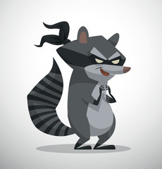 Vector Raccoon Bandit. Cartoon image of gray raccoon bandit with a black mask over his eyes smiling on a light background.