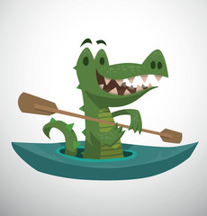 Obraz premium Vector Crocodile kayaking. Cartoon image of a green crocodile sitting in a blue kayak with a brown paddle in his paws on a light background.