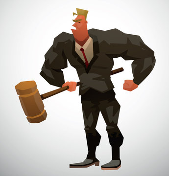Vector Muscular Lawyer with gavel. Cartoon image of a muscular man lawyer in a black suit, white shirt and red tie, with a large brown judge's gavel in his hand on a light background.