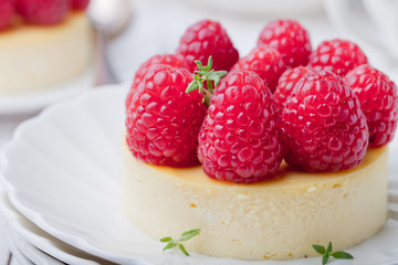 Cheesecake with fresh raspberries on a white plate. Dessert.
