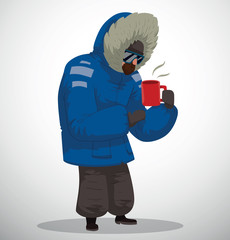 Vector cartoon image of a polar explorer with a brown beard, in blue warm jacket, gray trousers, black shoes and black sunglasses with red mug on a light background.