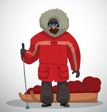 Vector cartoon image of a polar explorer with brown beard, in red warm jacket, gray trousers, black shoes and black sunglasses with ski poles and red sleigh behind on a light background.