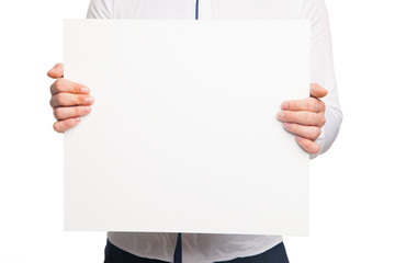 close up of man hands showing white blank board