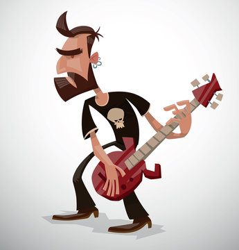 Vector Rock musician with a beard. Cartoon image of a rock musician with brown hair and a beard in black pants and a T-shirt with red guitar in his hands on a light background.
