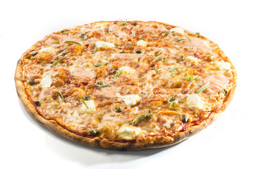 Pizza with salmon, mascarpone and rosemary on white background
