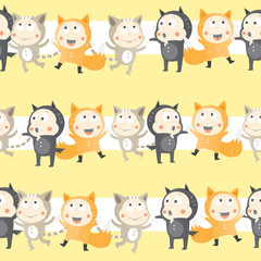 Vector seamless pattern with cartoon children in suits. Little  foxes, cats and wolves.