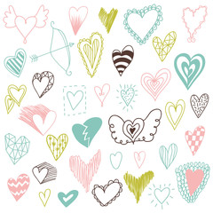 Beautiful hand drawn set of different hearts. Doddle style. Set of valentine hearts for your design