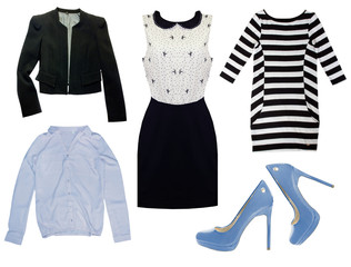 Fashion female collage clothes. Set of woman clothing.