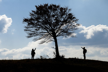 Sagoma di due persone che indicano un albero sulla linea dell'orizzonte. Cielo blu con nuvole bianche sullo sfondo