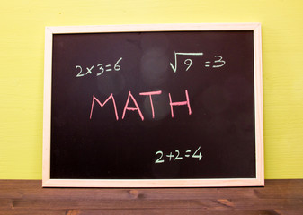 Blackboard with math lesson on green wall