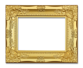 Gold picture frame on white background.