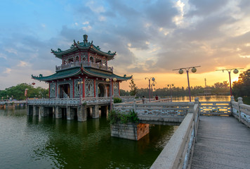 Traditional Pagoda Sunset in the middle of the water Shantou,Chi