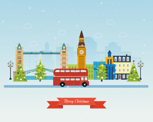 London, United Kingdom icons  travel concept. Merry Christmas greeting card