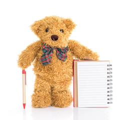 Teddy bear with pen and blank notebook