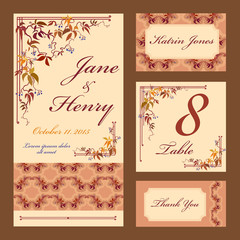 Grapevine Wedding card set. Printable Vector illustration.