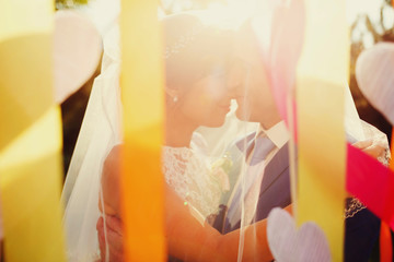 rich bride and groom hugging under the veil in sunlight