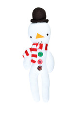 Snowman Figure on White Background. Christmas toy knitted in woo