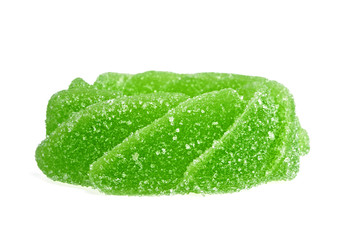 Fototapeta na wymiar Tasty green fruit jelly on white background