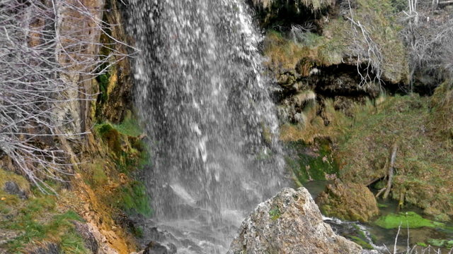 Natural   waterfall at river  in winter. Cuenca, Spain